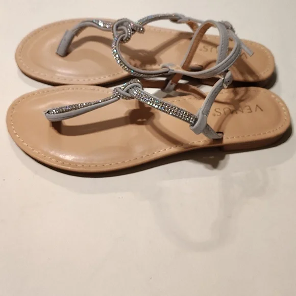 VENUS Silver Rhinestone T-Strap Flat Sandals WMN - Picture 3 of 7